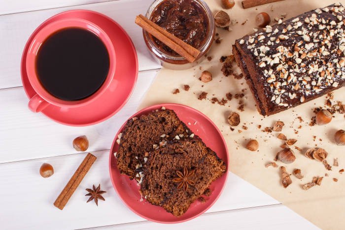Start your morning with delicious coffee and chocolate cake.